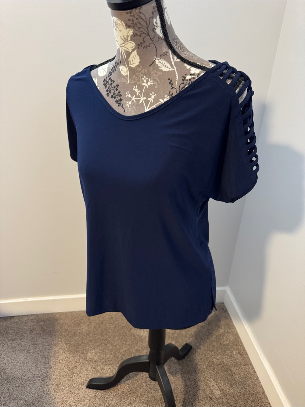 PerSeption Concept Navy Short Sleeve Top with Ladder Shoulder Detail